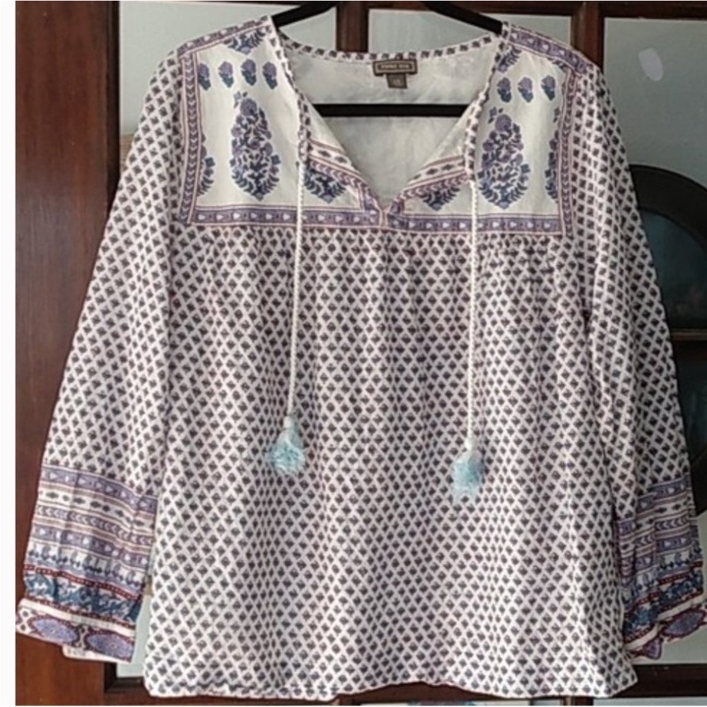 J. Crew Cream and Blue Patterned Blouse